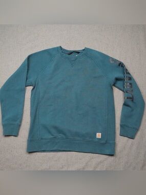 Carhartt Women's Relaxed Fit Teal Blue Graphic Sleeve Crewneck Sweatshirt Size L